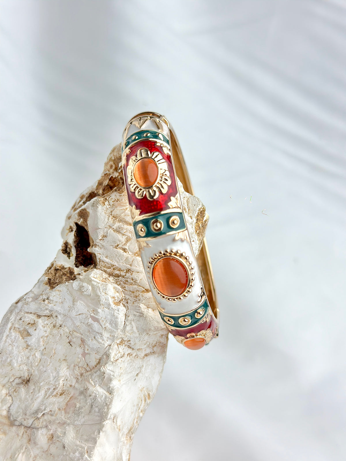Style Enamel Hinged Bangle Bracelet with Cabochon Accents