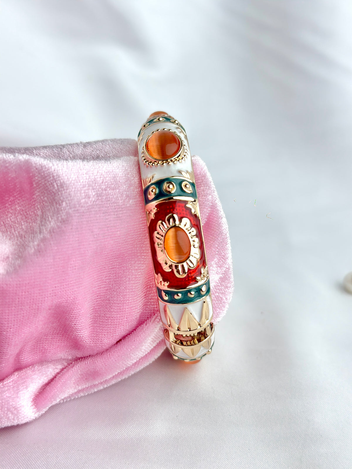 Style Enamel Hinged Bangle Bracelet with Cabochon Accents