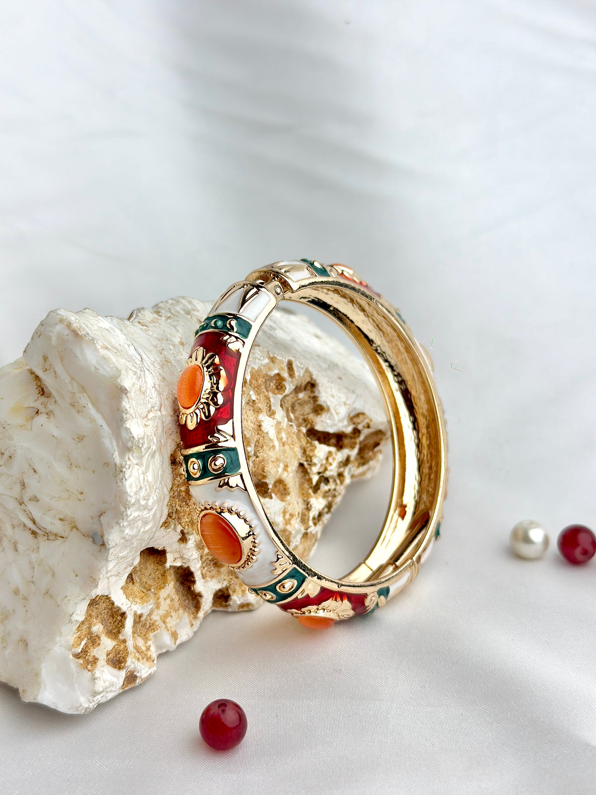 Style Enamel Hinged Bangle Bracelet with Cabochon Accents