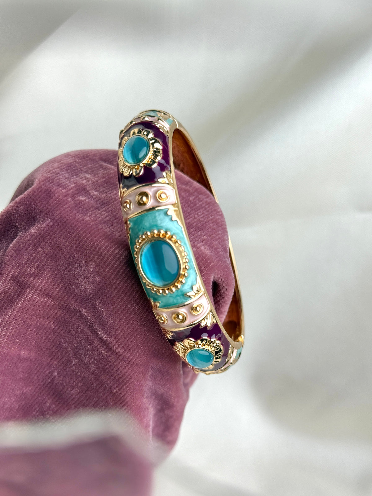 Style Enamel Hinged Bangle Bracelet with Cabochon Accents
