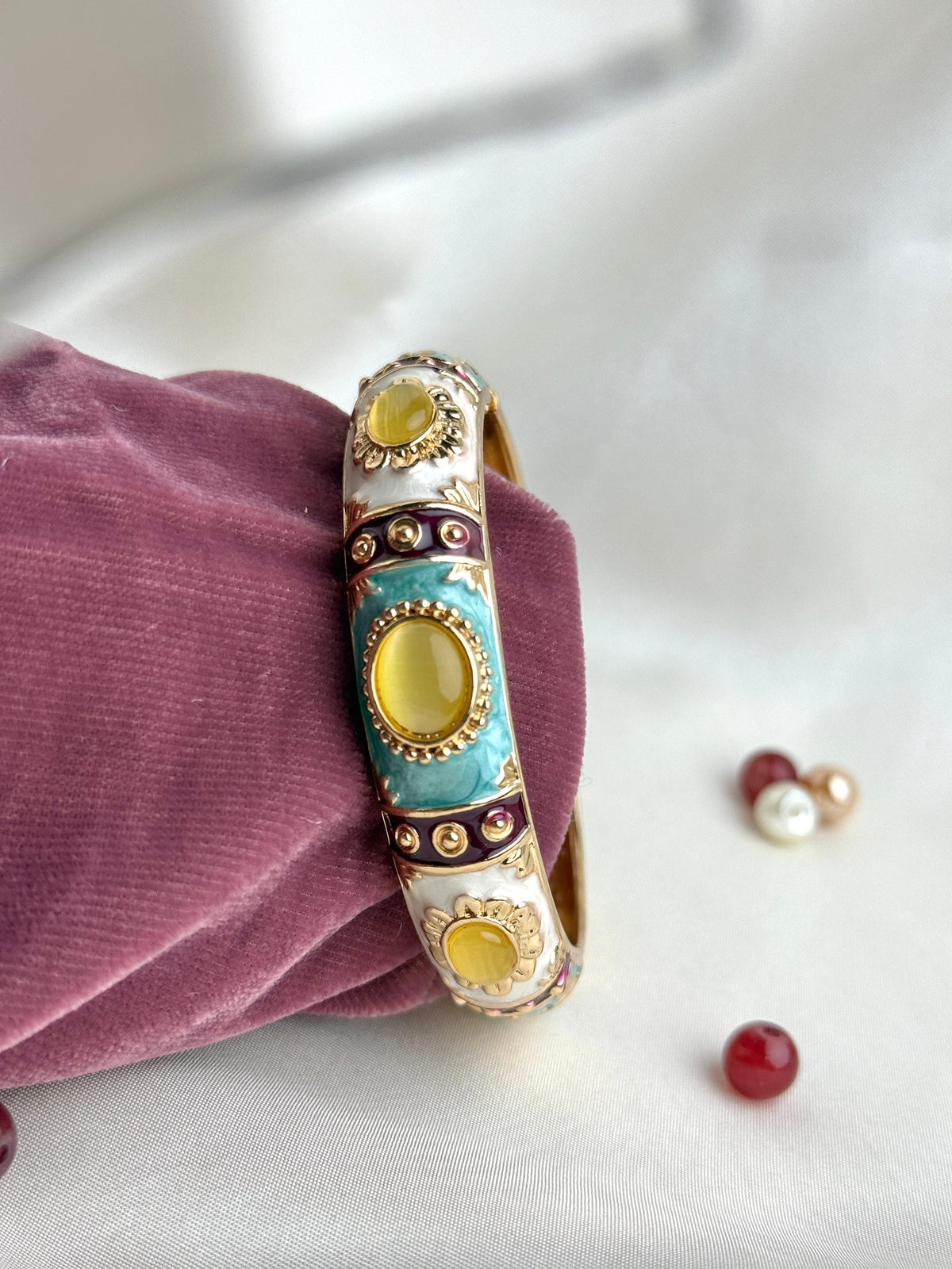 Style Enamel Hinged Bangle Bracelet with Cabochon Accents