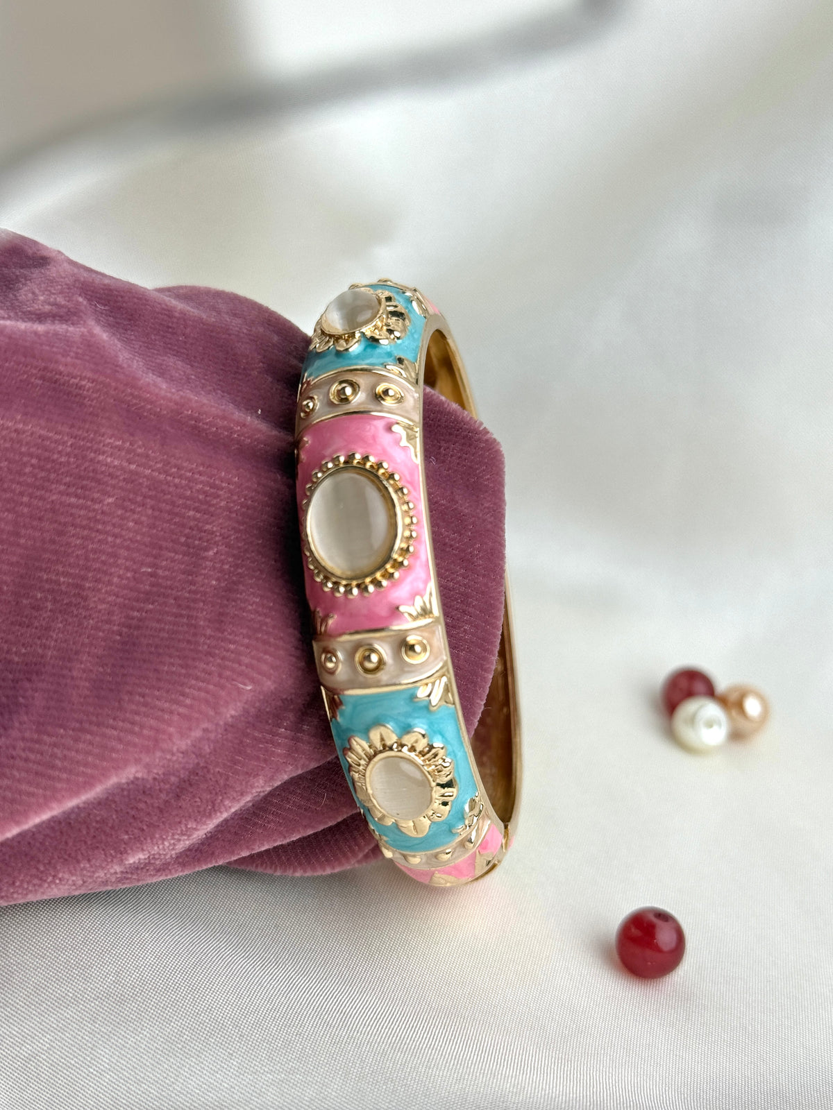 Style Enamel Hinged Bangle Bracelet with Cabochon Accents