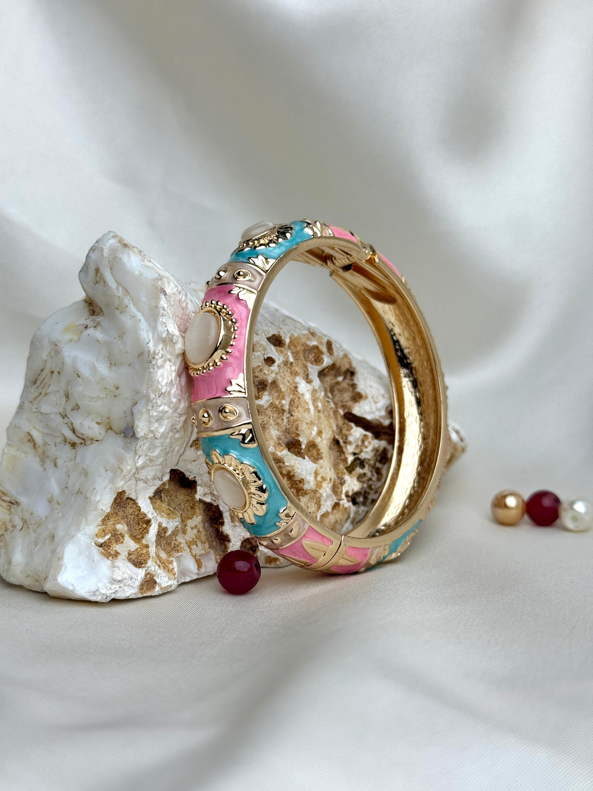 Style Enamel Hinged Bangle Bracelet with Cabochon Accents