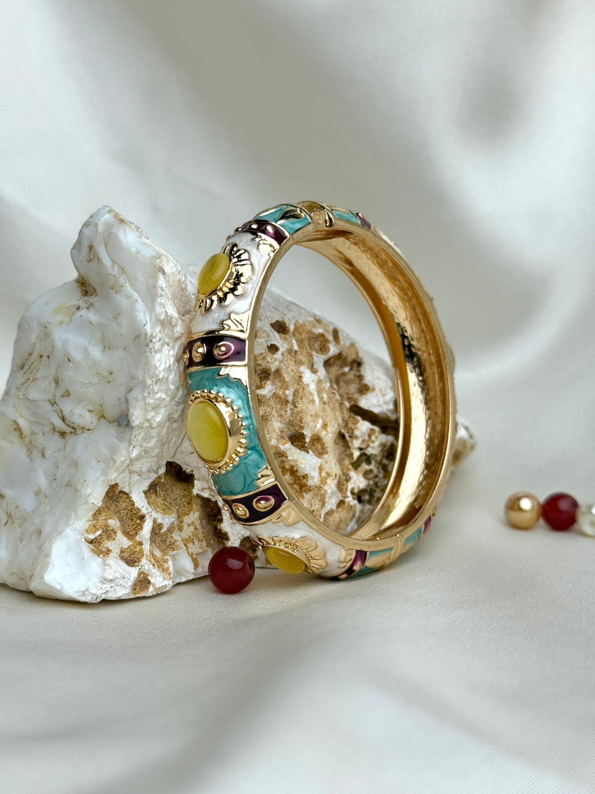 Style Enamel Hinged Bangle Bracelet with Cabochon Accents
