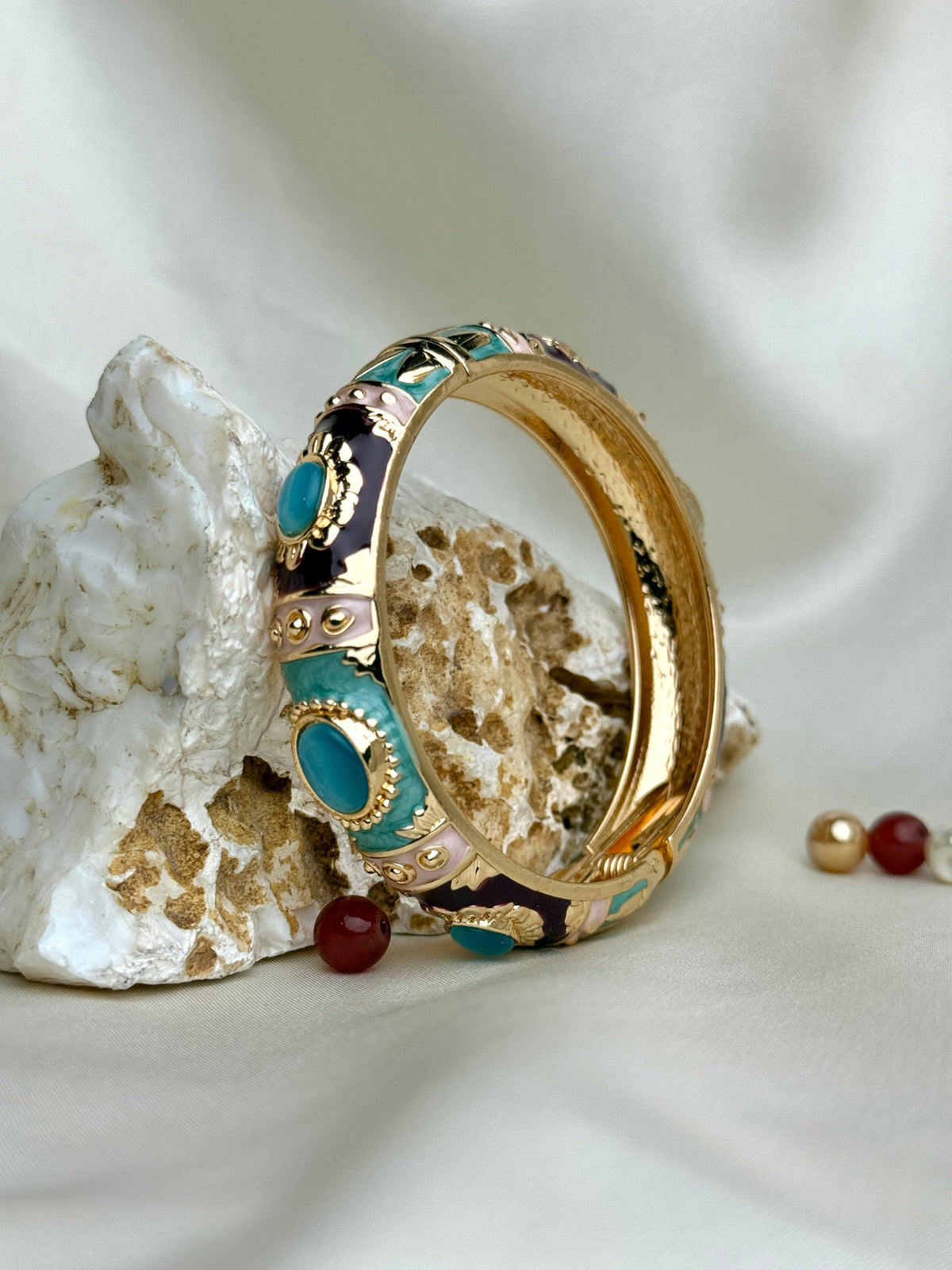 Style Enamel Hinged Bangle Bracelet with Cabochon Accents