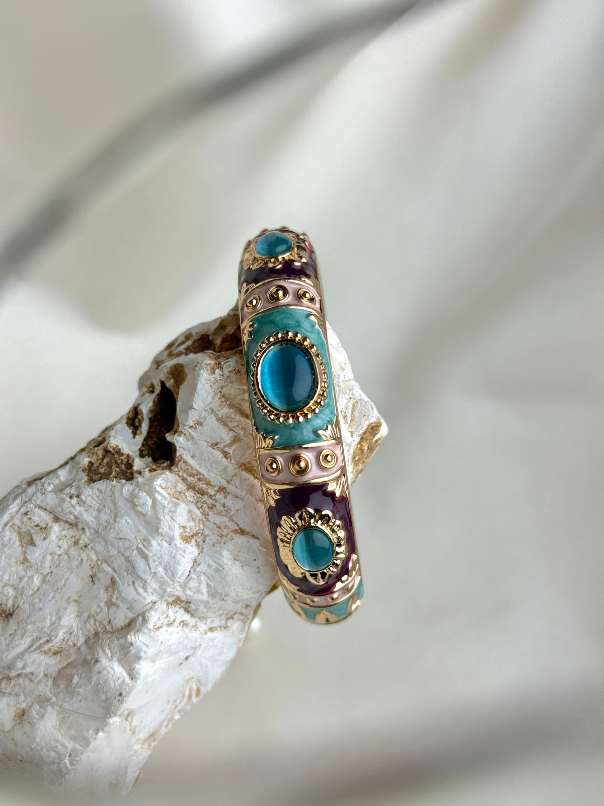 Style Enamel Hinged Bangle Bracelet with Cabochon Accents