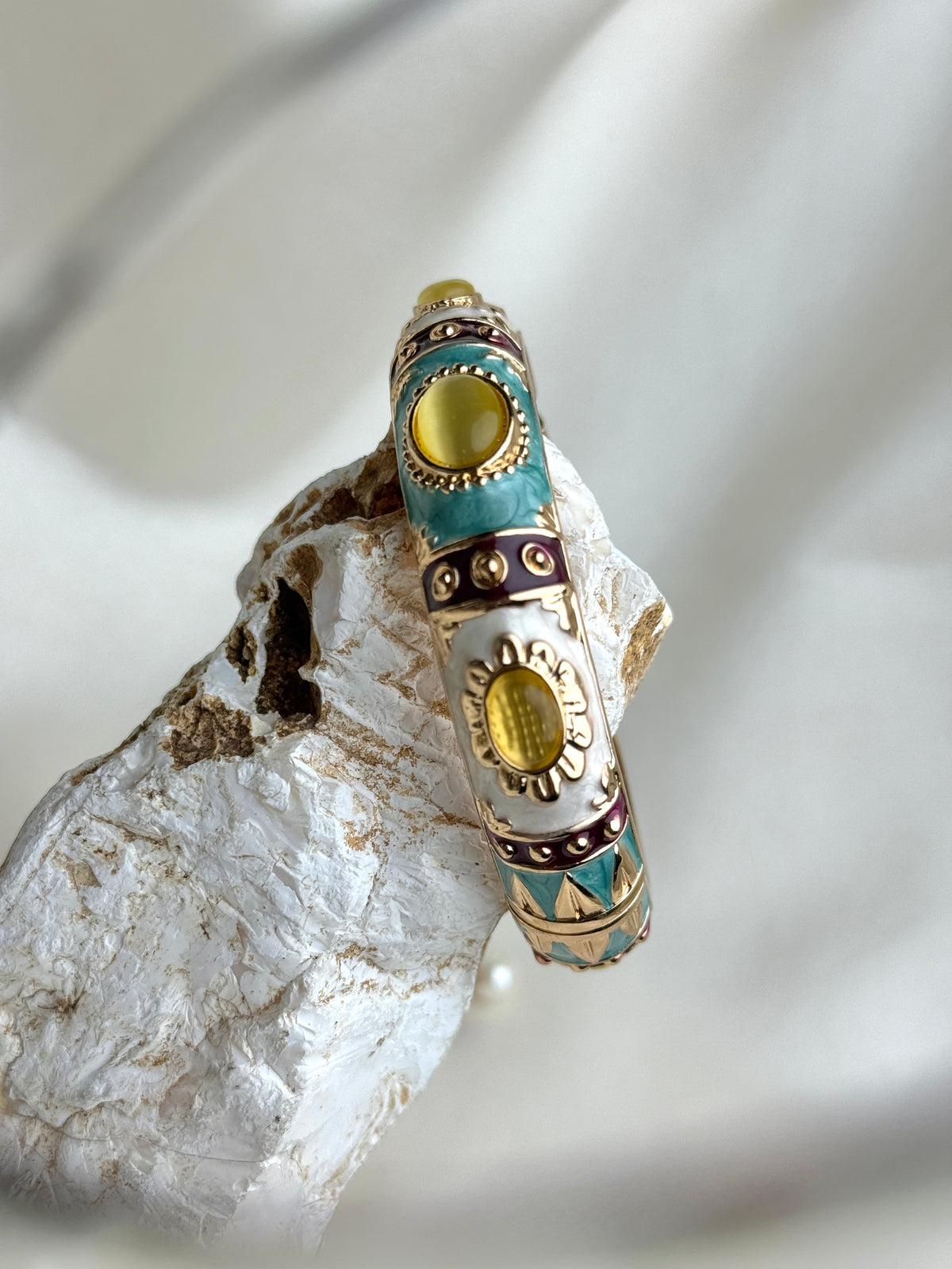 Style Enamel Hinged Bangle Bracelet with Cabochon Accents