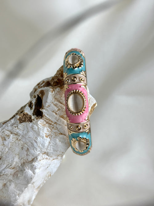 Style Enamel Hinged Bangle Bracelet with Cabochon Accents