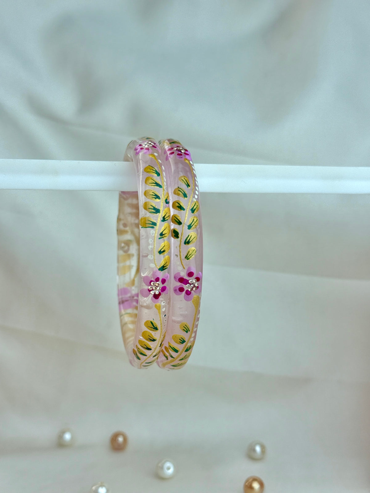 Handpainted Floral Leaf Glass Bangles – Set of 2