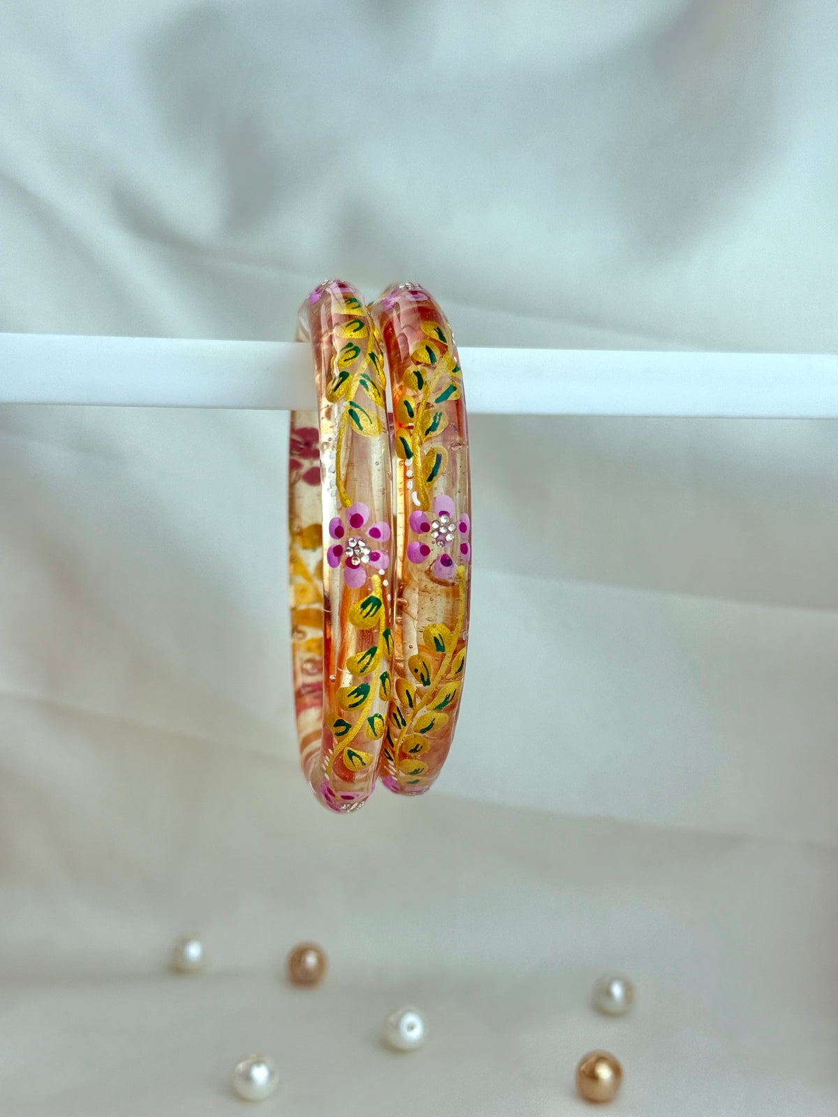 Handpainted Floral Leaf Glass Bangles – Set of 2
