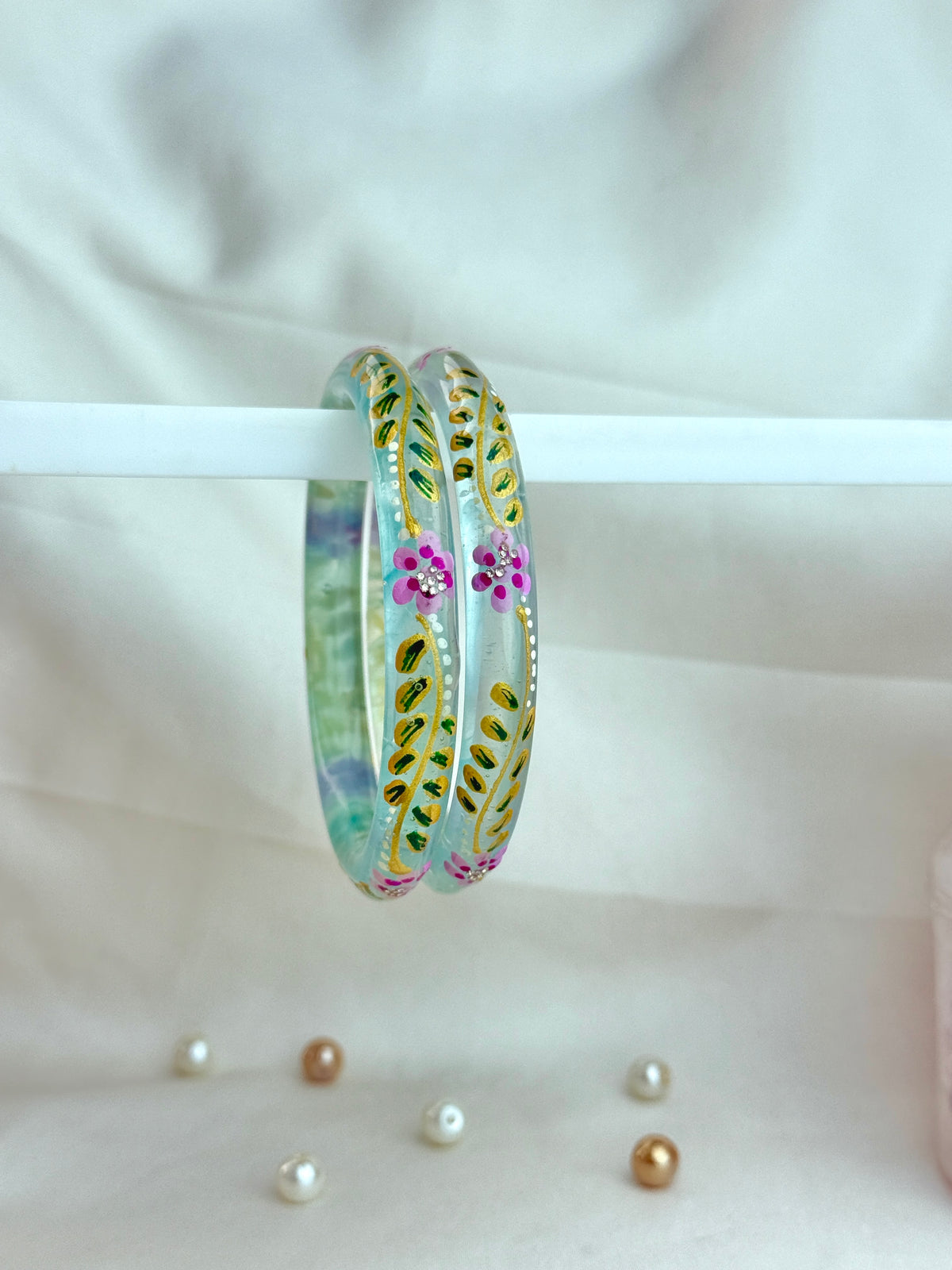 Handpainted Floral Leaf Glass Bangles – Set of 2