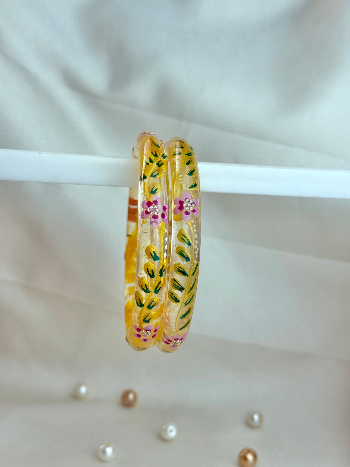 Handpainted Floral Leaf Glass Bangles – Set of 2