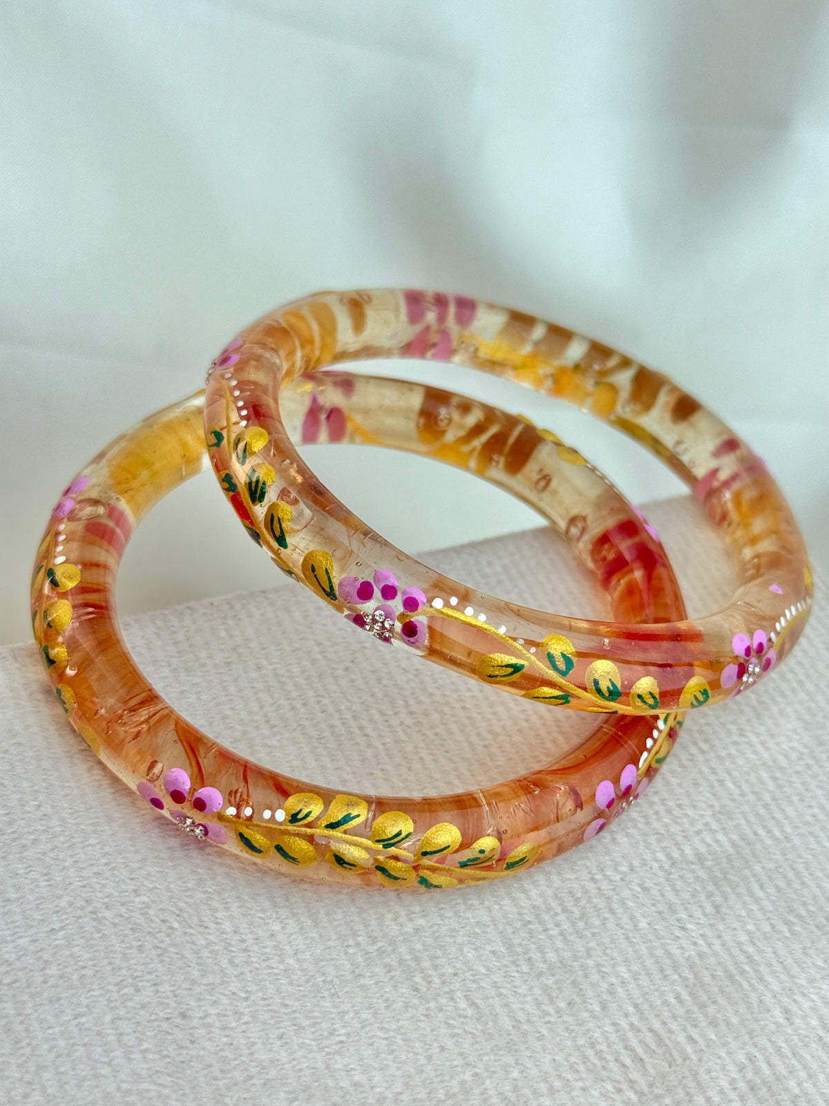 Handpainted Floral Leaf Glass Bangles – Set of 2