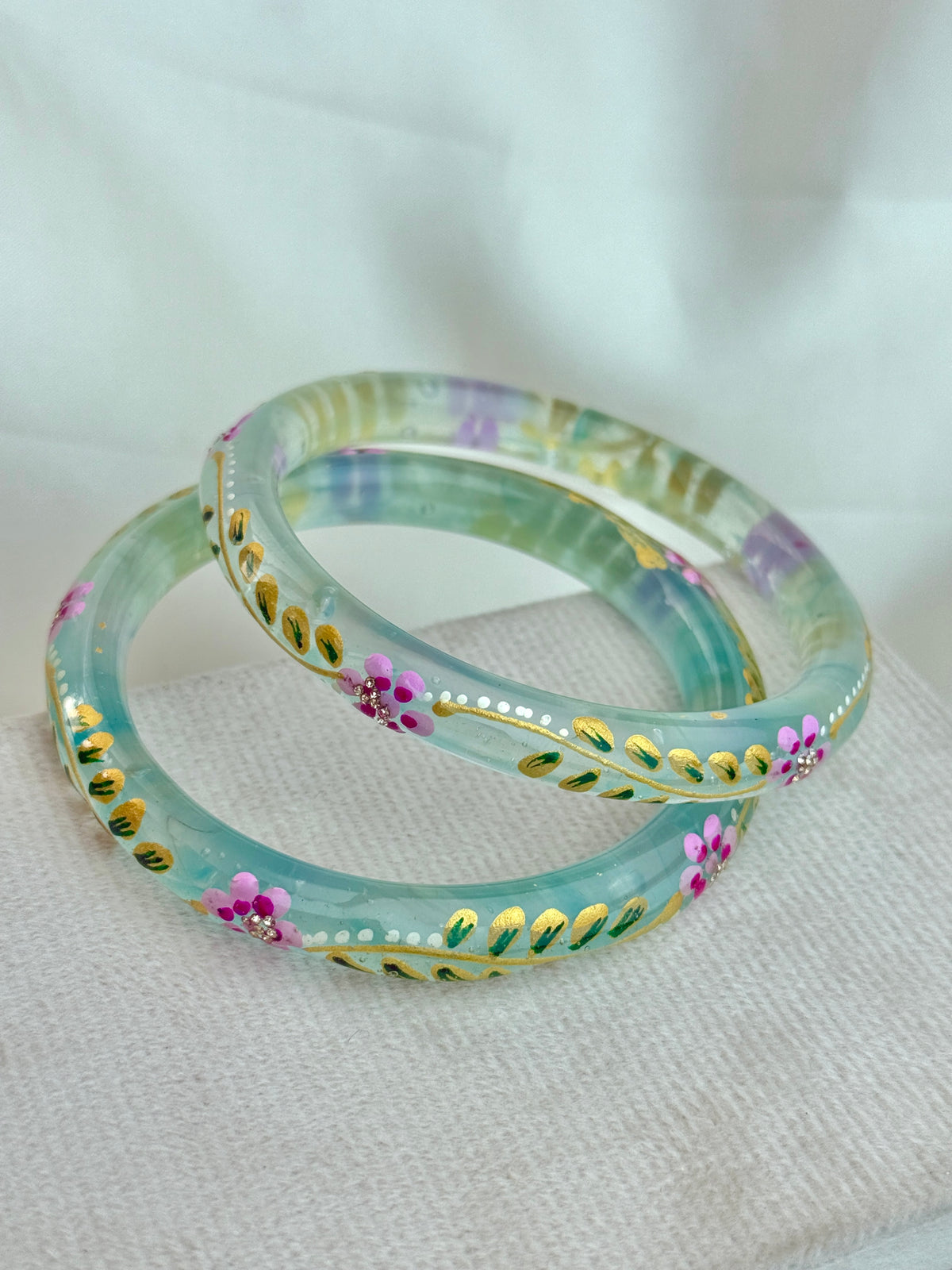 Handpainted Floral Leaf Glass Bangles – Set of 2