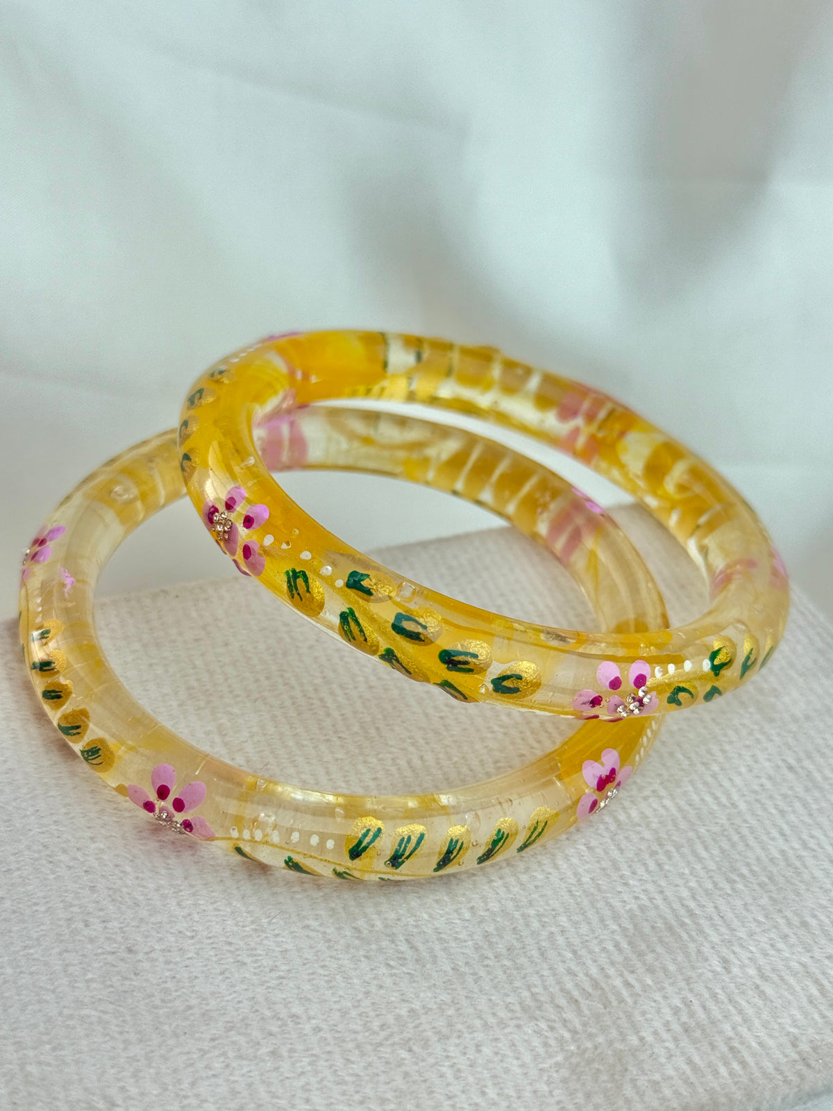 Handpainted Floral Leaf Glass Bangles – Set of 2