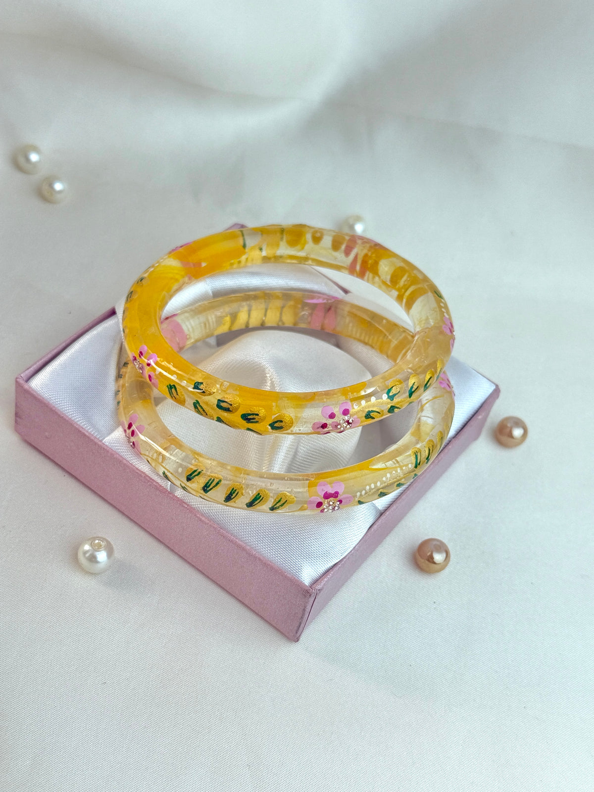 Handpainted Floral Leaf Glass Bangles – Set of 2