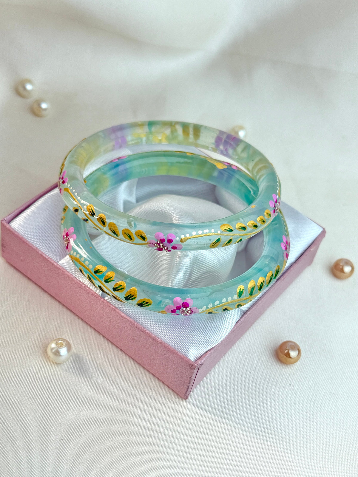 Handpainted Floral Leaf Glass Bangles – Set of 2