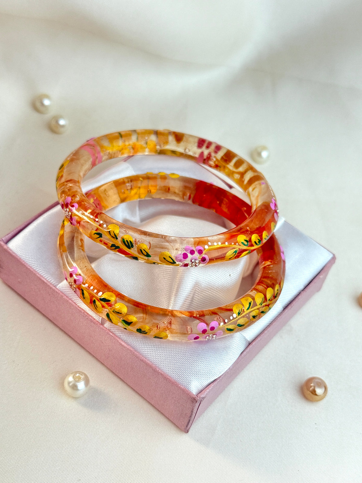 Handpainted Floral Leaf Glass Bangles – Set of 2