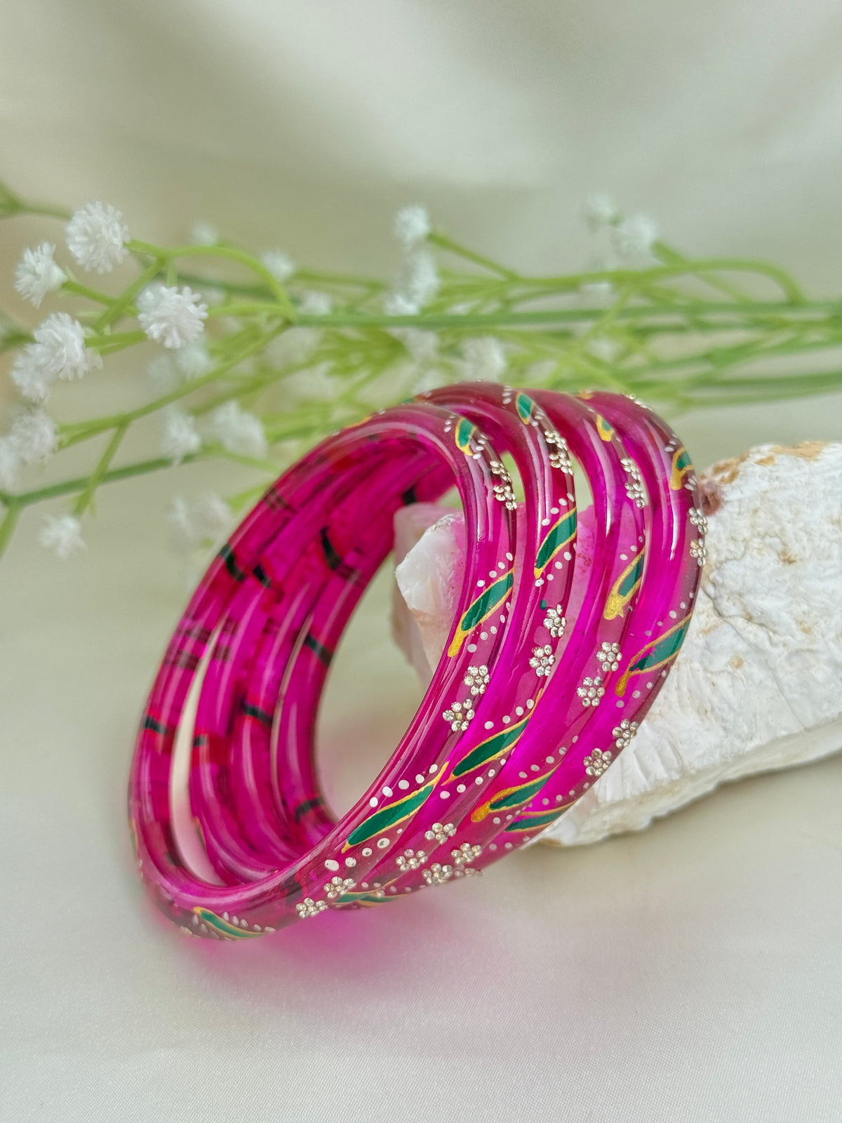 Handpainted Glass Bangles with Kundan Stone Work – Set of 4