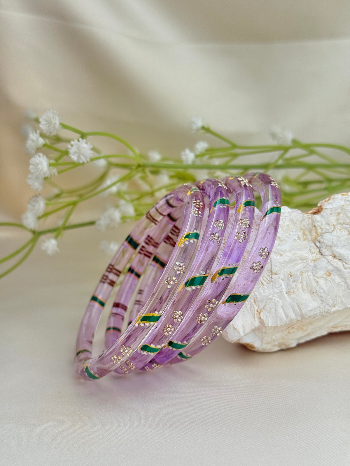 Handpainted Glass Bangles with Kundan Stone Work – Set of 4