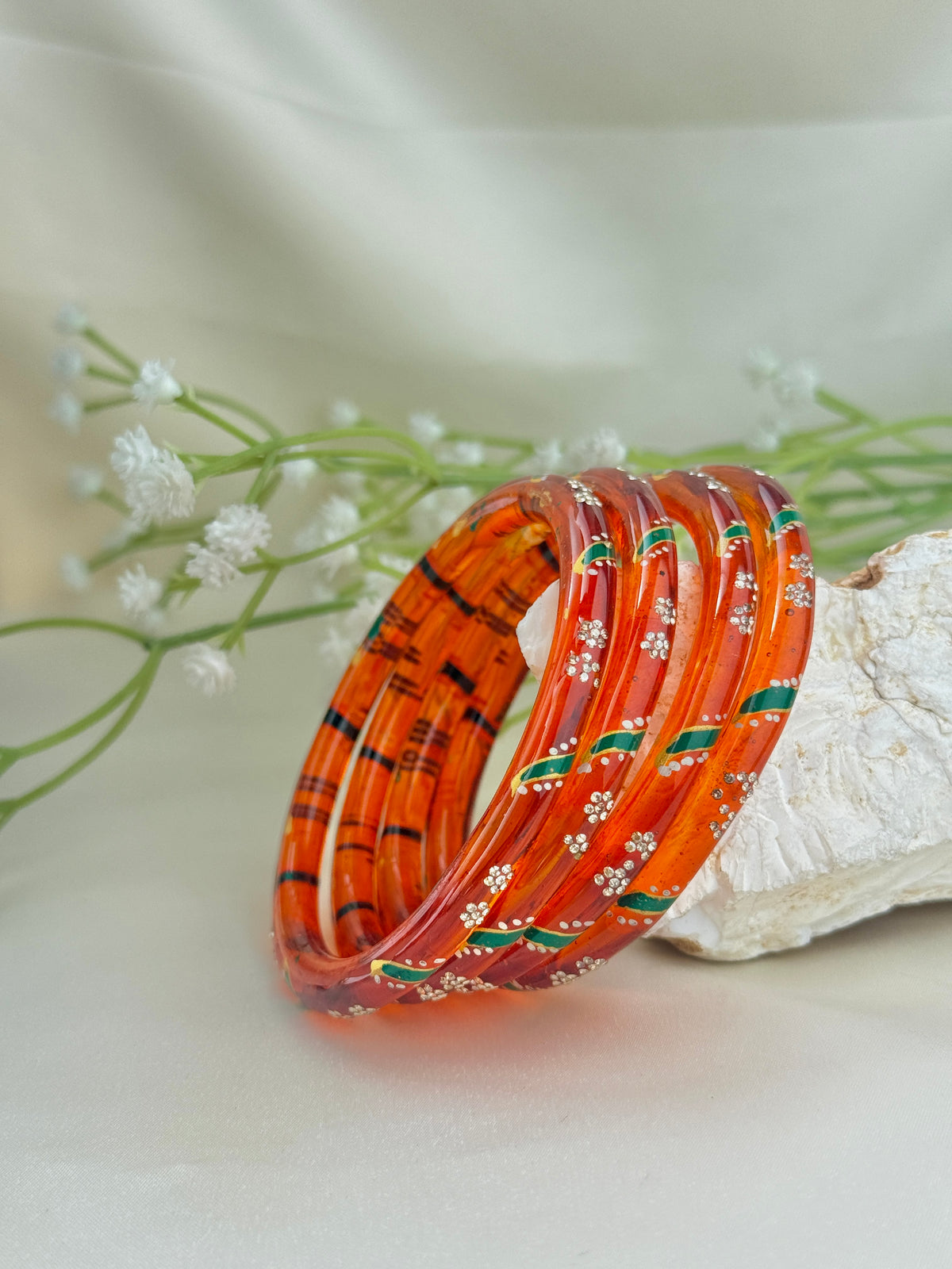 Handpainted Glass Bangles with Kundan Stone Work – Set of 4