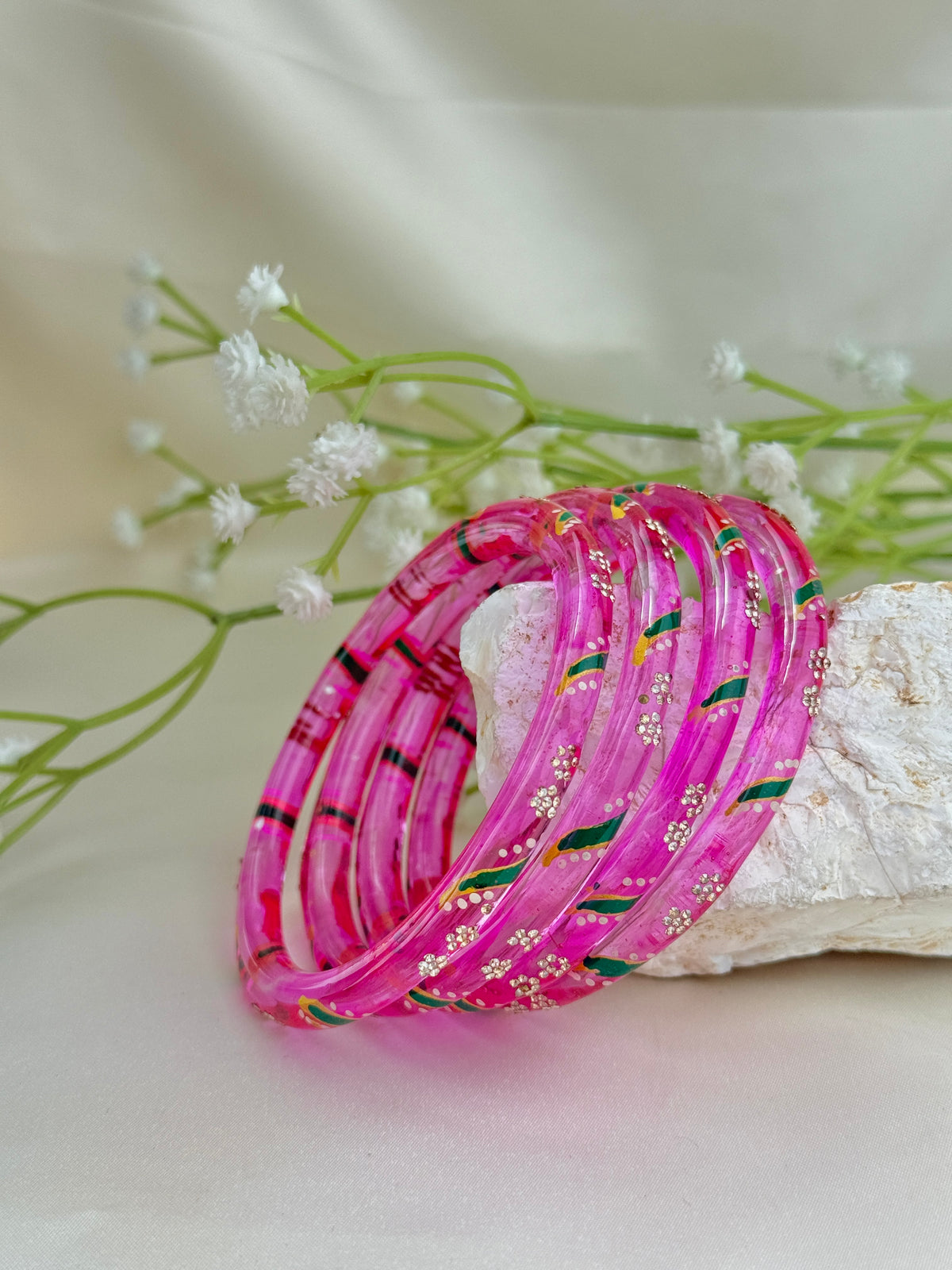 Handpainted Glass Bangles with Kundan Stone Work – Set of 4