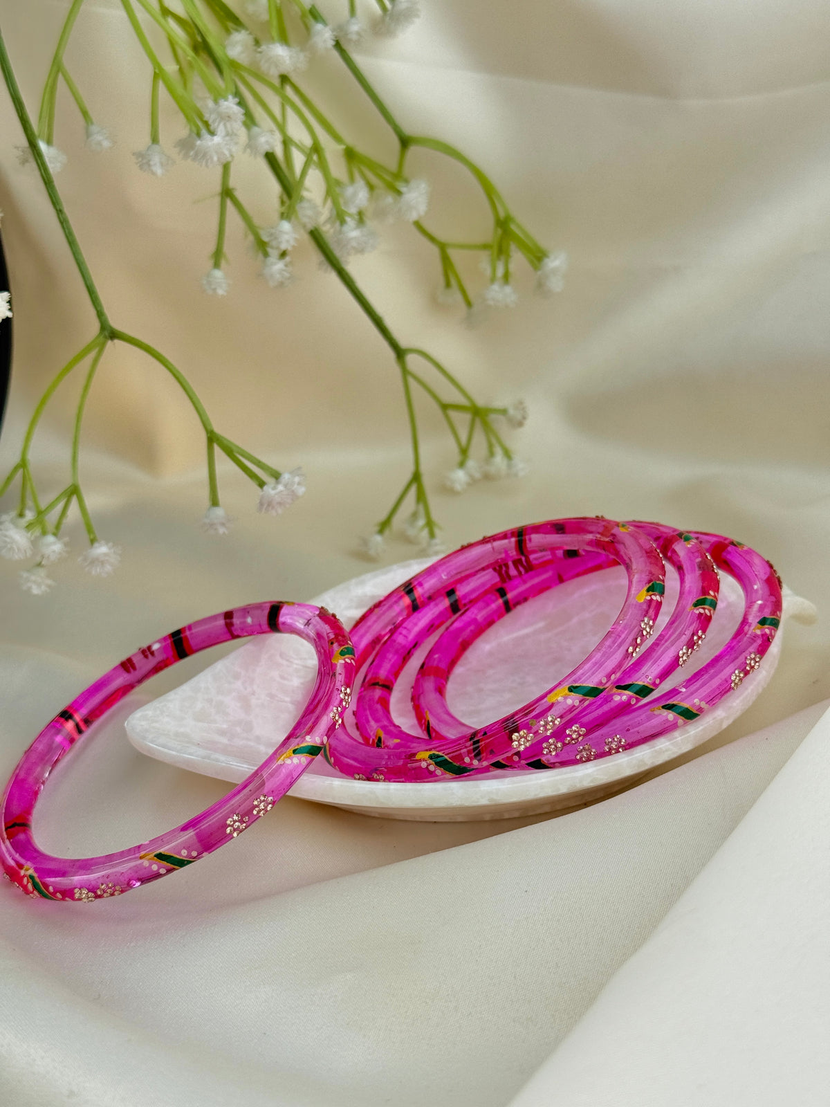 Handpainted Glass Bangles with Kundan Stone Work – Set of 4