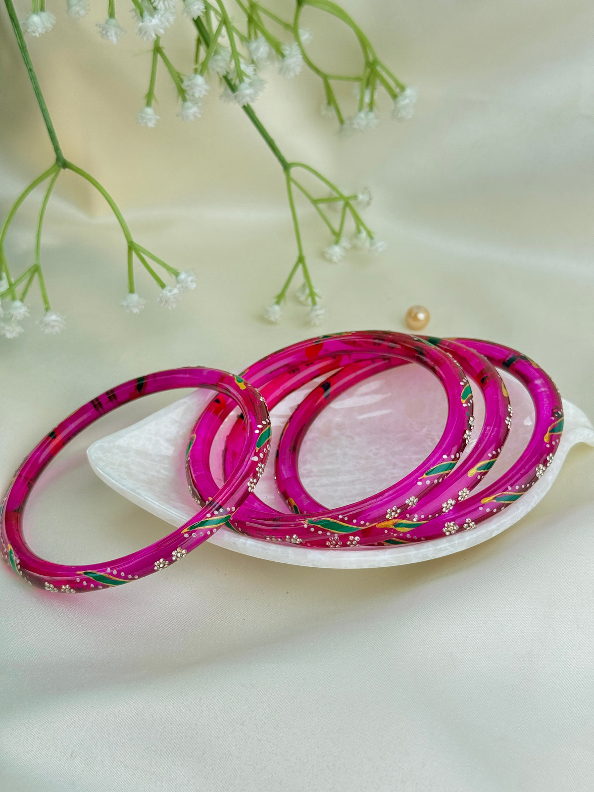 Handpainted Glass Bangles with Kundan Stone Work – Set of 4