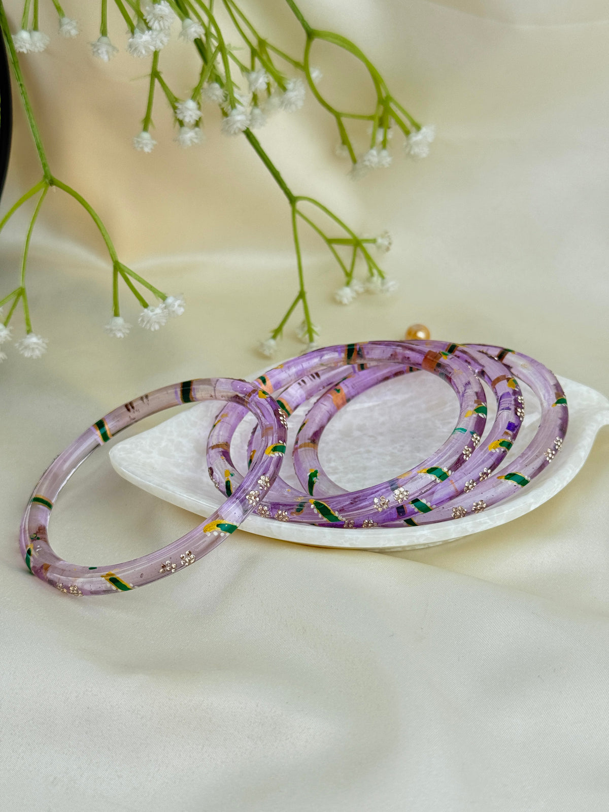 Handpainted Glass Bangles with Kundan Stone Work – Set of 4