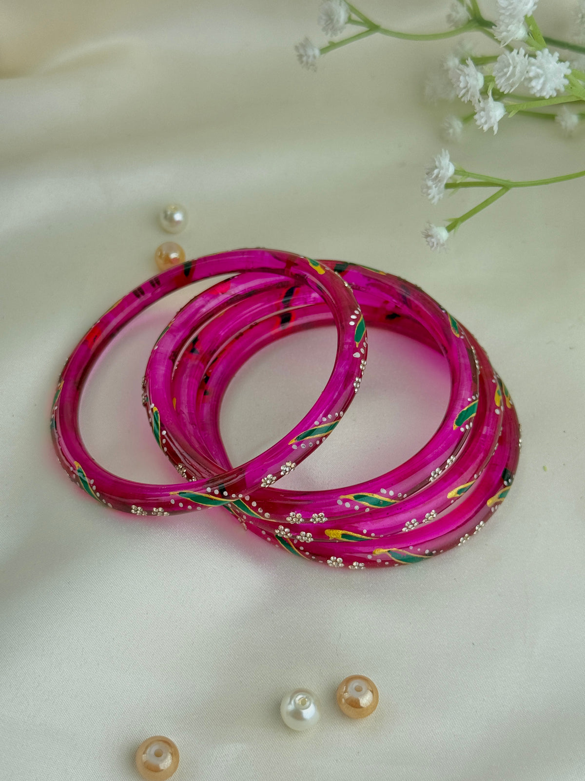 Handpainted Glass Bangles with Kundan Stone Work – Set of 4