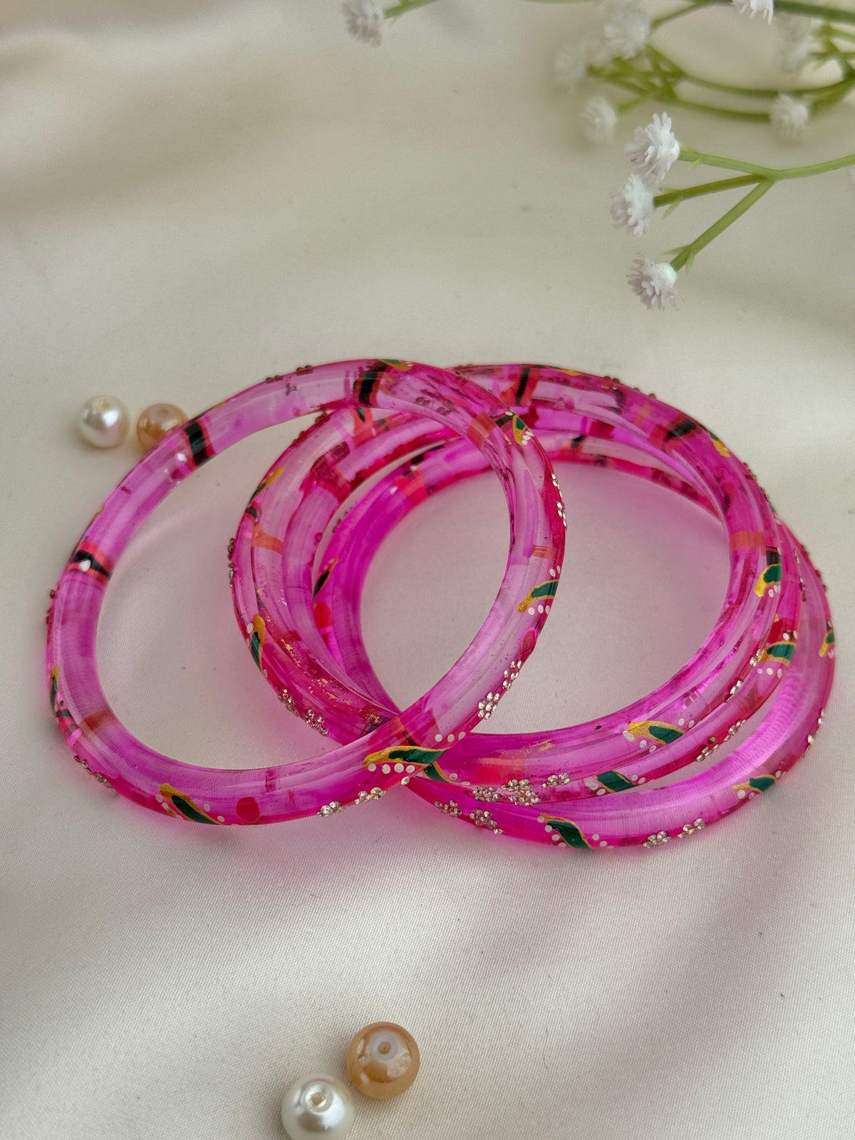 Handpainted Glass Bangles with Kundan Stone Work – Set of 4