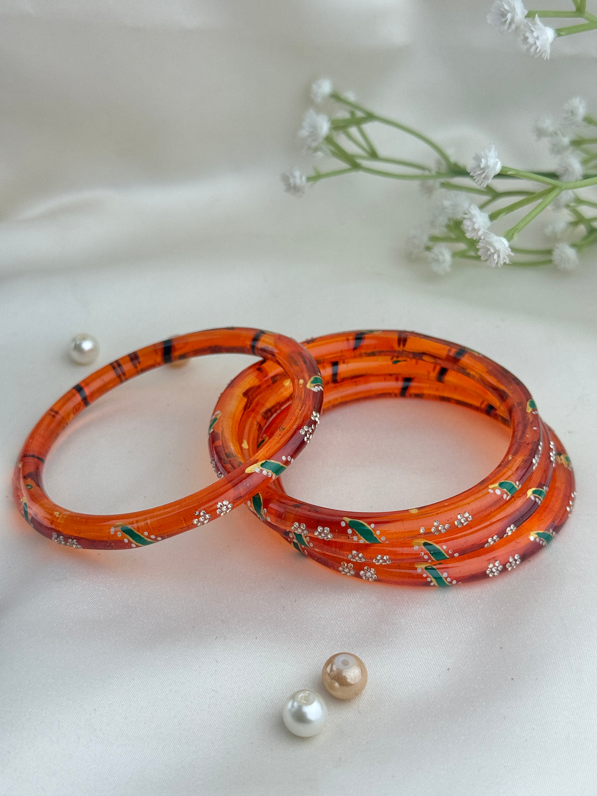 Handpainted Glass Bangles with Kundan Stone Work – Set of 4