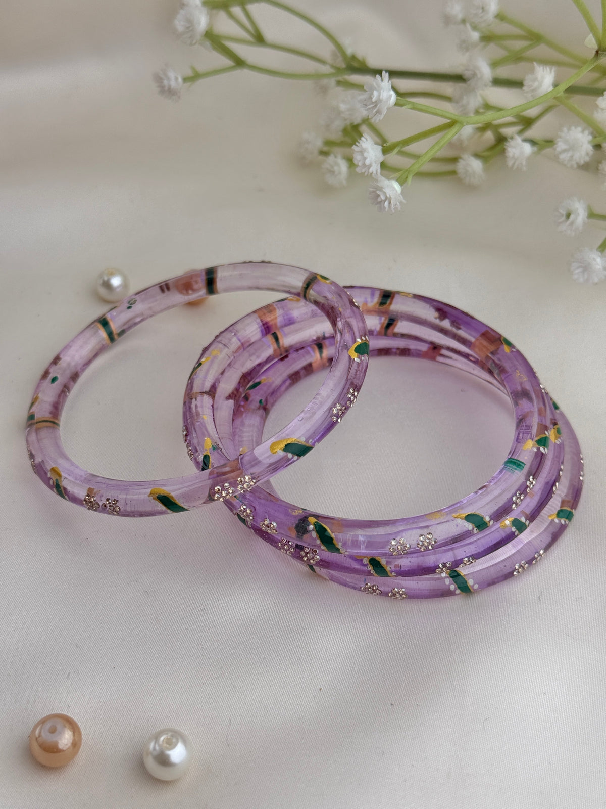 Handpainted Glass Bangles with Kundan Stone Work – Set of 4