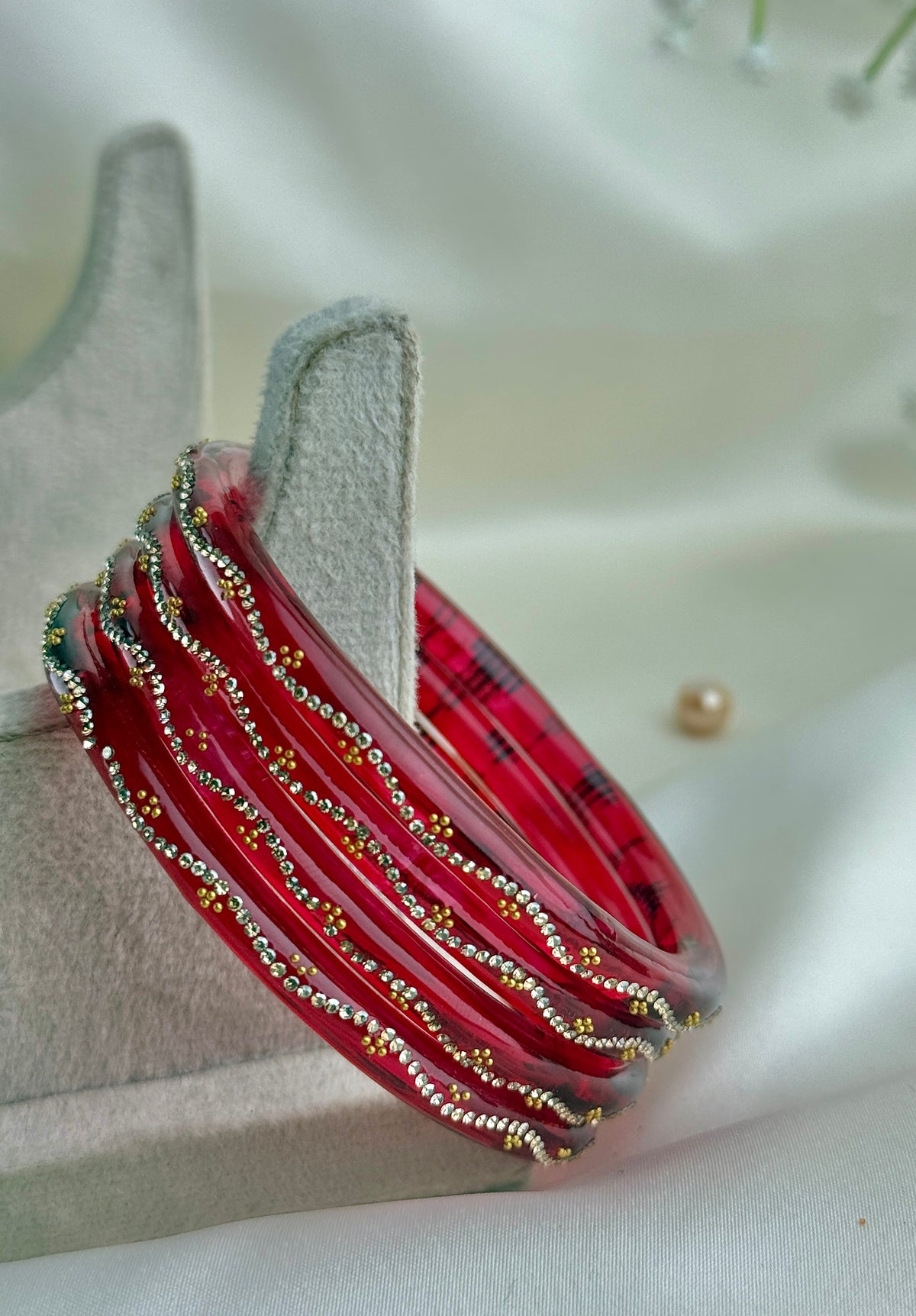 Ruby Embellished Glass Bangles(4 Pcs set)