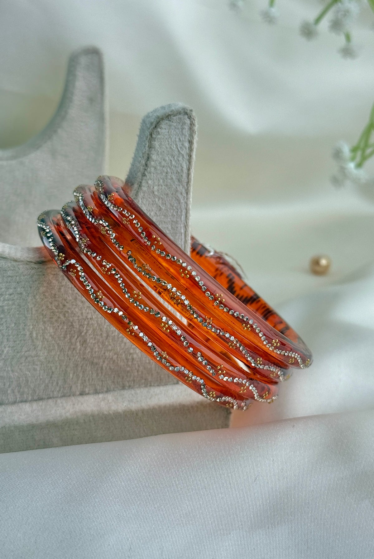Ruby Embellished Glass Bangles(4 Pcs set)
