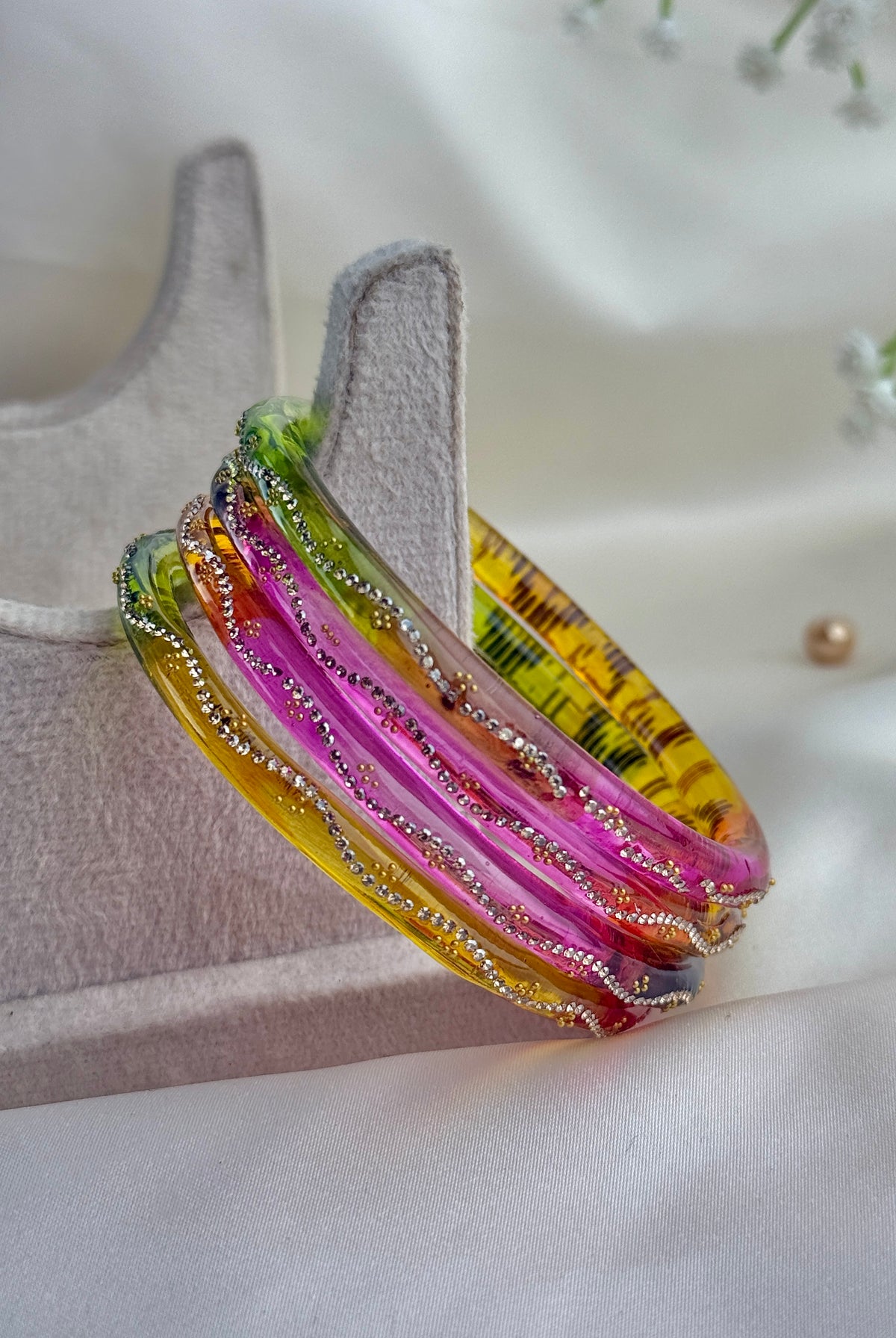 Ruby Embellished Glass Bangles(4 Pcs set)