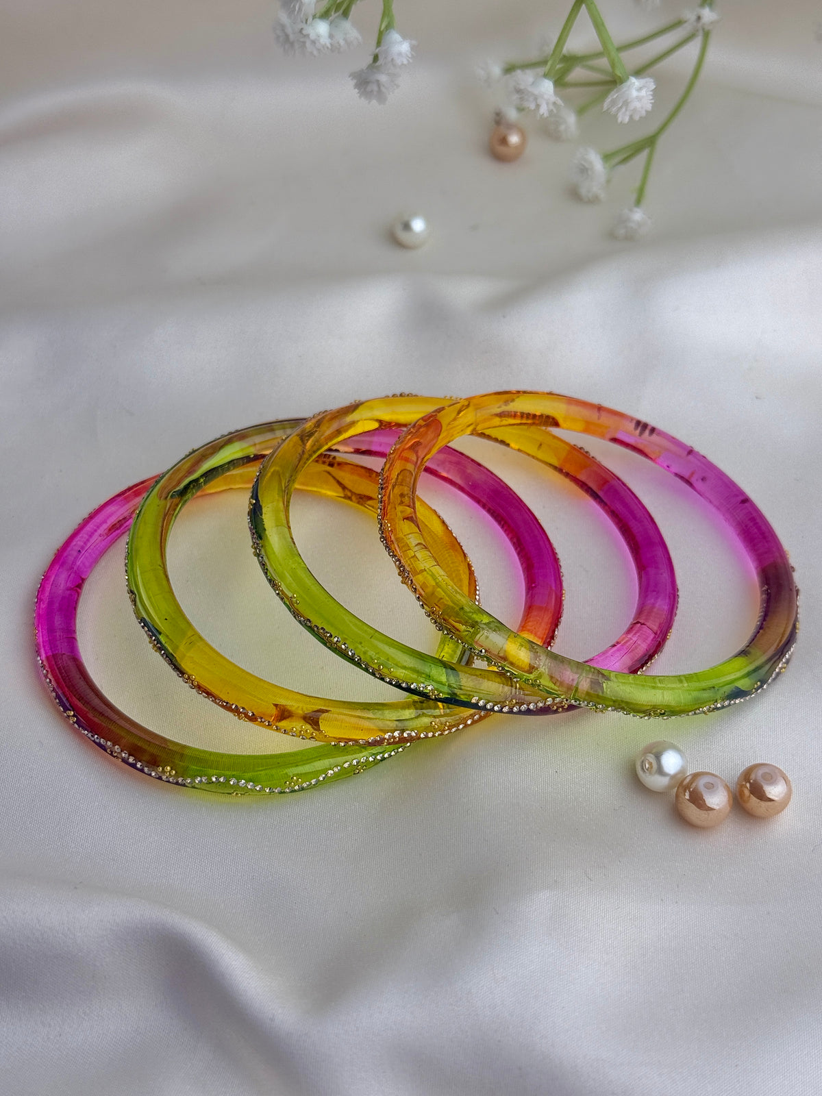 Ruby Embellished Glass Bangles(4 Pcs set)