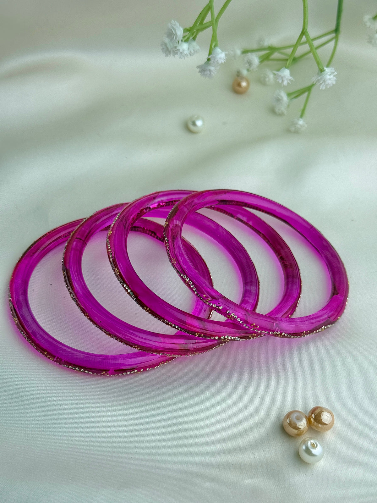 Ruby Embellished Glass Bangles(4 Pcs set)