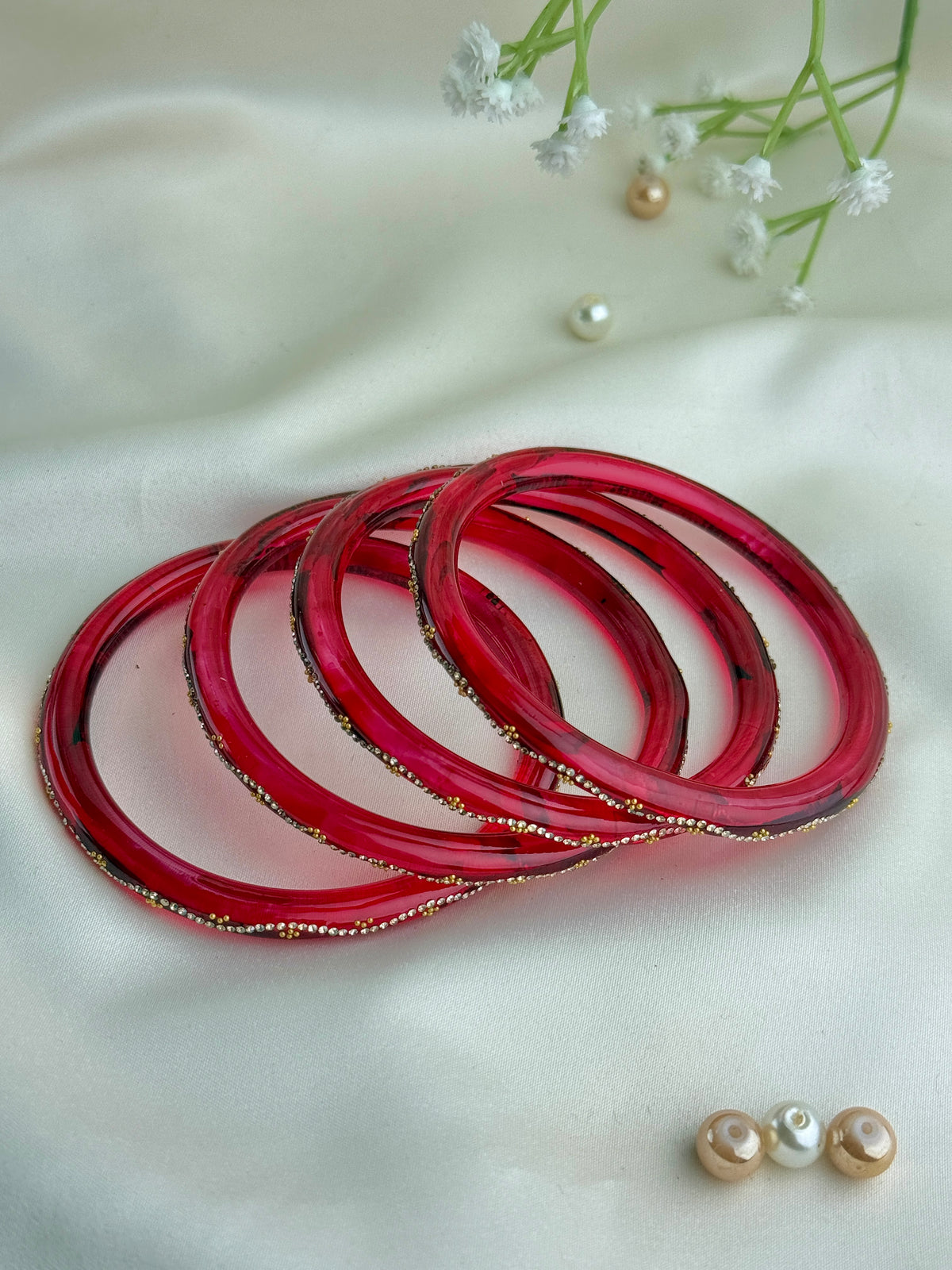 Ruby Embellished Glass Bangles(4 Pcs set)