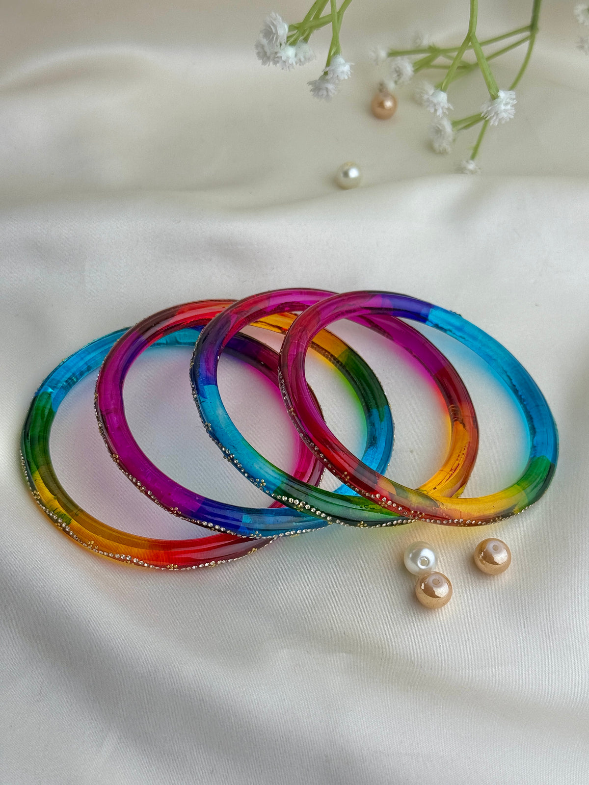Ruby Embellished Glass Bangles(4 Pcs set)