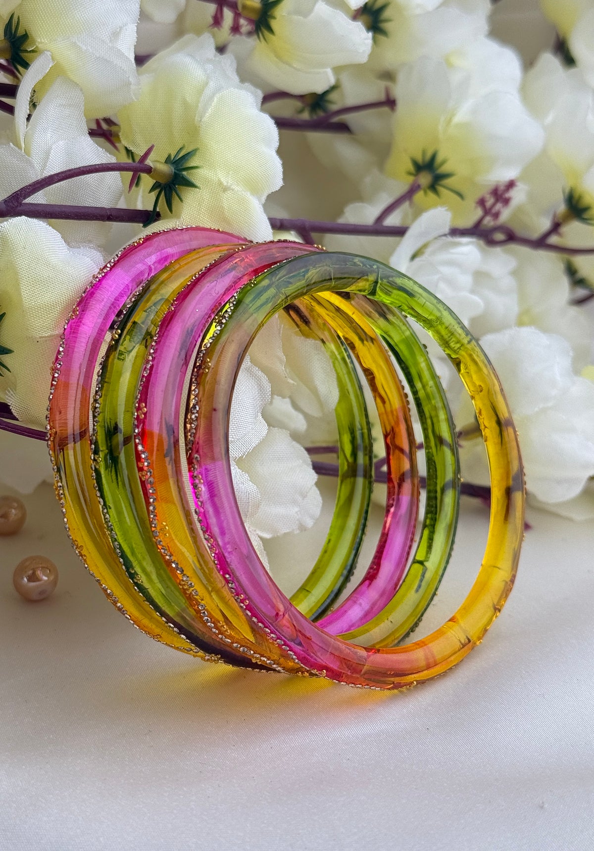 Ruby Embellished Glass Bangles(4 Pcs set)