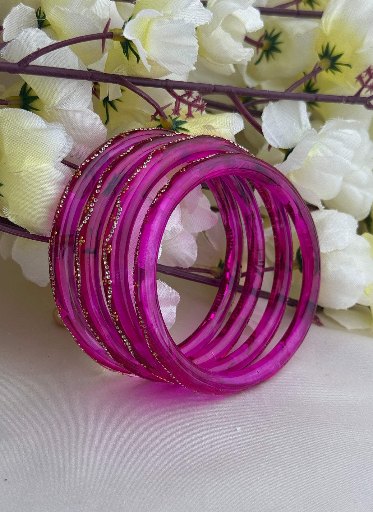 Ruby Embellished Glass Bangles(4 Pcs set)