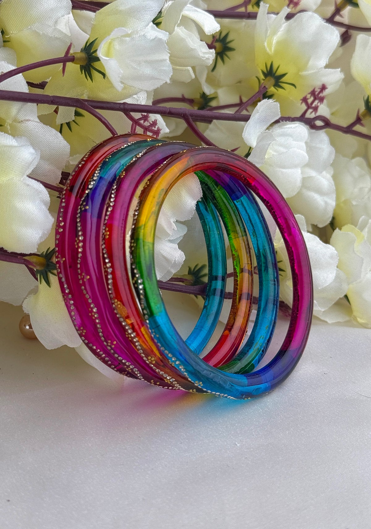 Ruby Embellished Glass Bangles(4 Pcs set)