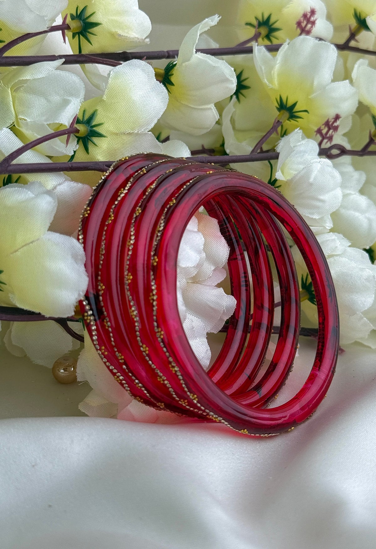 Ruby Embellished Glass Bangles(4 Pcs set)