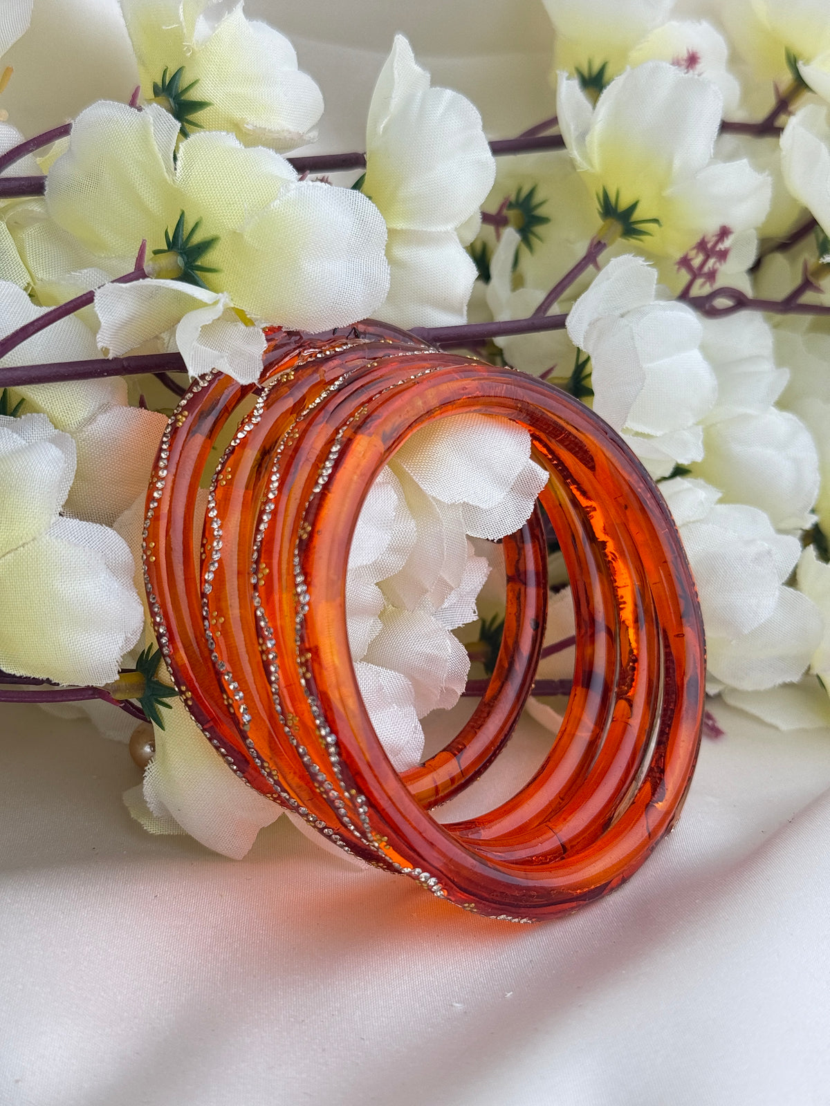 Ruby Embellished Glass Bangles(4 Pcs set)