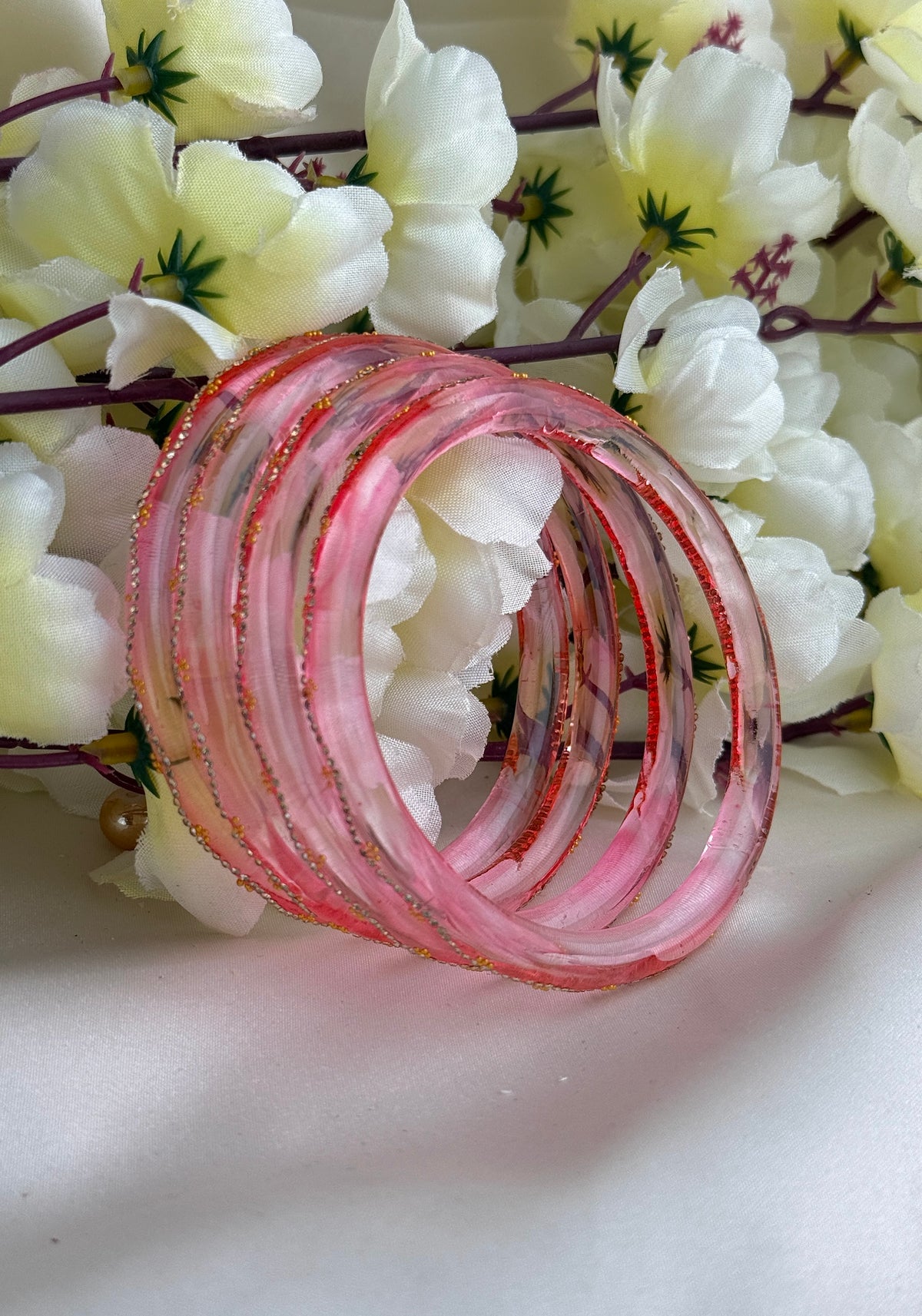 Ruby Embellished Glass Bangles(4 Pcs set)