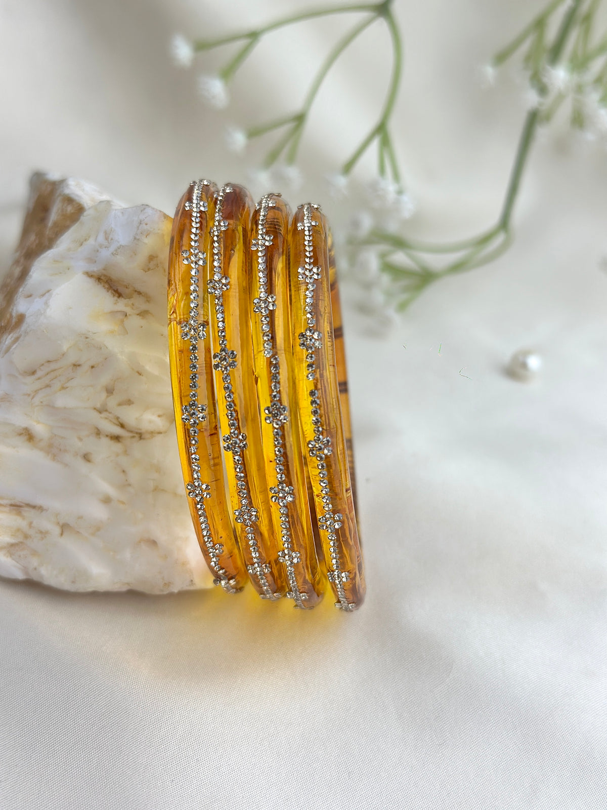 Glass Bangle Set with Crystal Stone Work | Textured Striped Glass Bangles