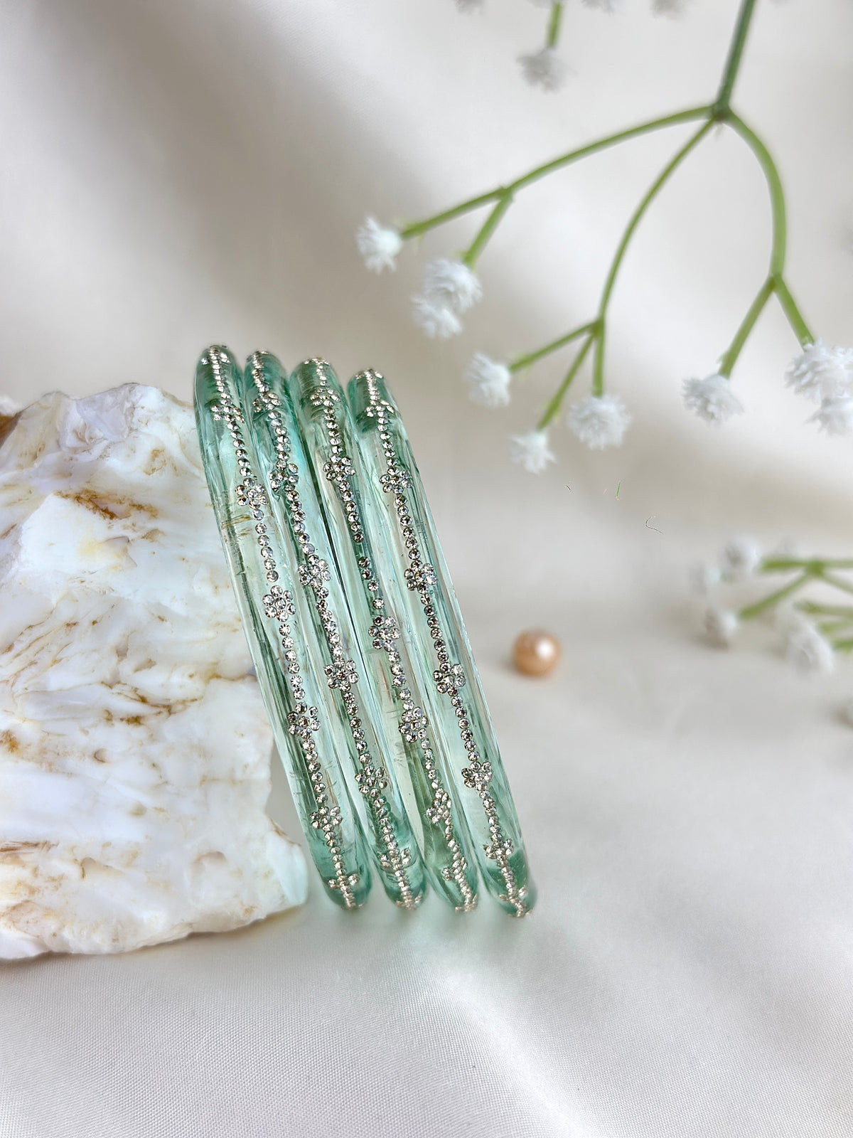 Glass Bangle Set with Crystal Stone Work | Textured Striped Glass Bangles