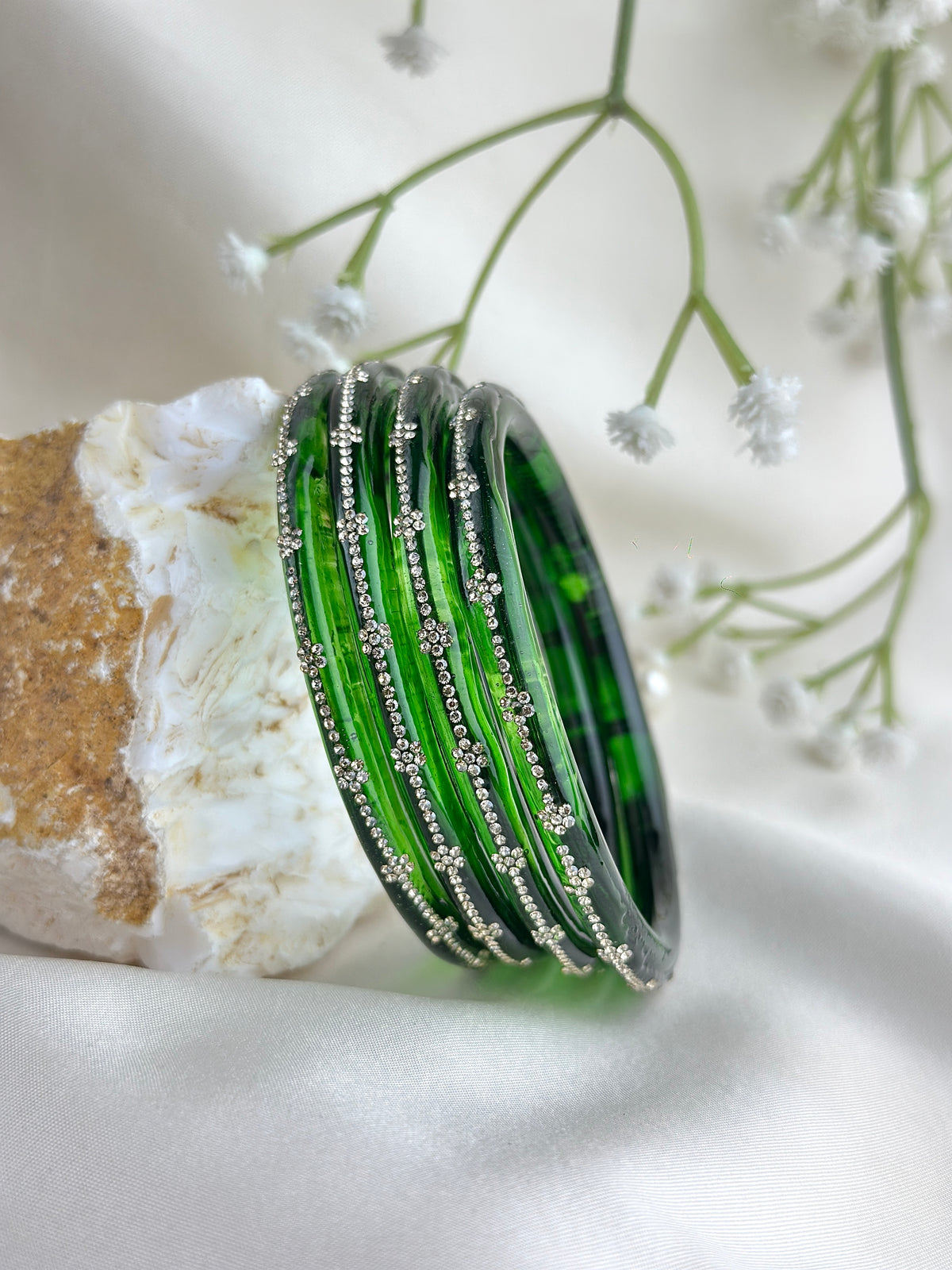 Glass Bangle Set with Crystal Stone Work | Textured Striped Glass Bangles