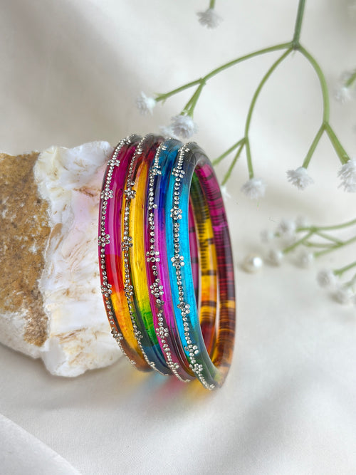 Glass Bangle Set with Crystal Stone Work | Textured Striped Glass Bangles